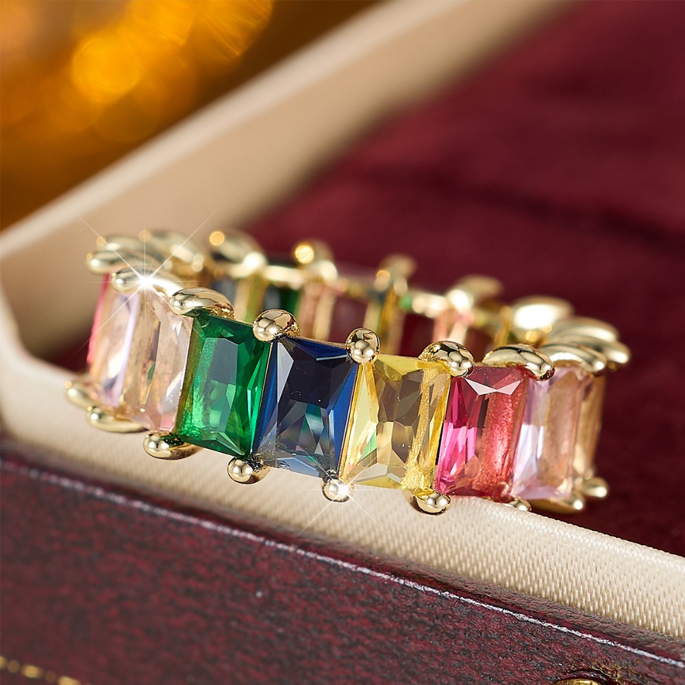 Vibrant Multicolored Rectangular Zirconia Ring, Engagement Ready